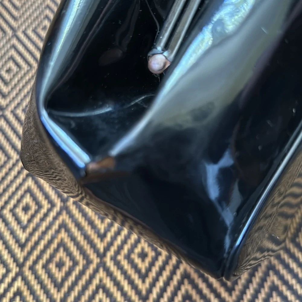 Vintage MEYERS Black Patent Leather Handbag with gold chain handles & clasp